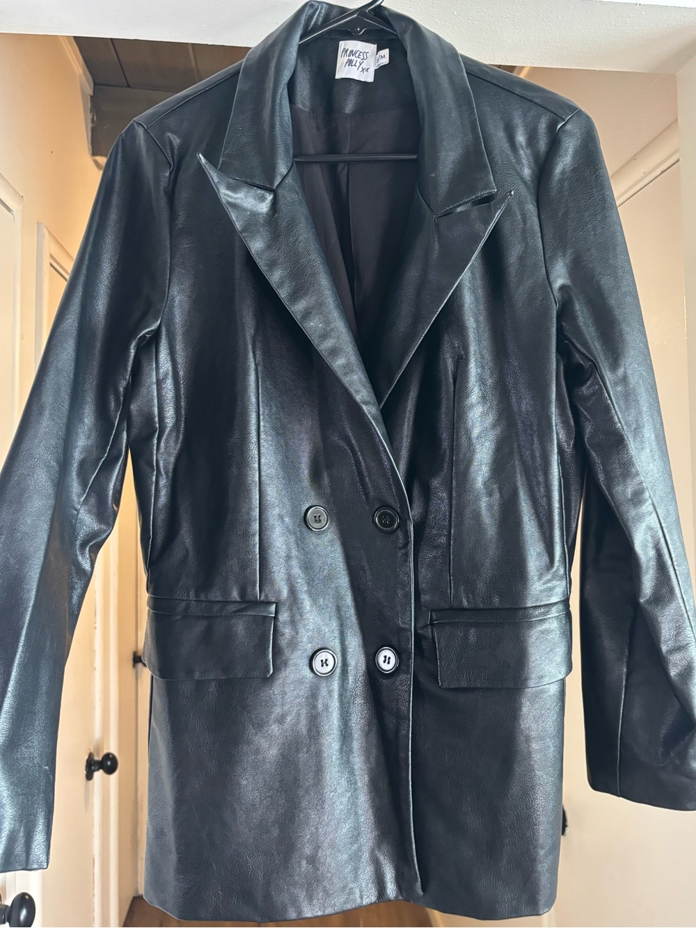 Princess Polly Black Faux Leather Double-Breasted Blazer